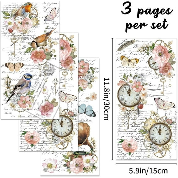 3Sheets Flower Rub on Transfer Waterproof Floral Furniture Transfers Decal Bird Farmhouse Rub on Transfer 6x12 Butterfly Transfer Cabinet Stickers for Wood Door Craft Home Kitchen Decor