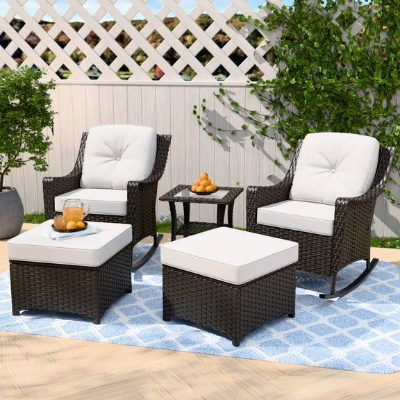 INTER HUT Stone Creek Patio Outdoor 5 Piece Wicker Conversation Rocking Chairs Set, Ottomans,Side Table, Beige Cushions
