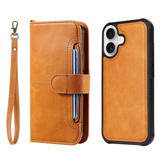Allytechgroup Cash Slot Retro PU Leather Hard Shell Flip Cell Phone Case with Hand Wrist for Apple iPhone 17, Brown