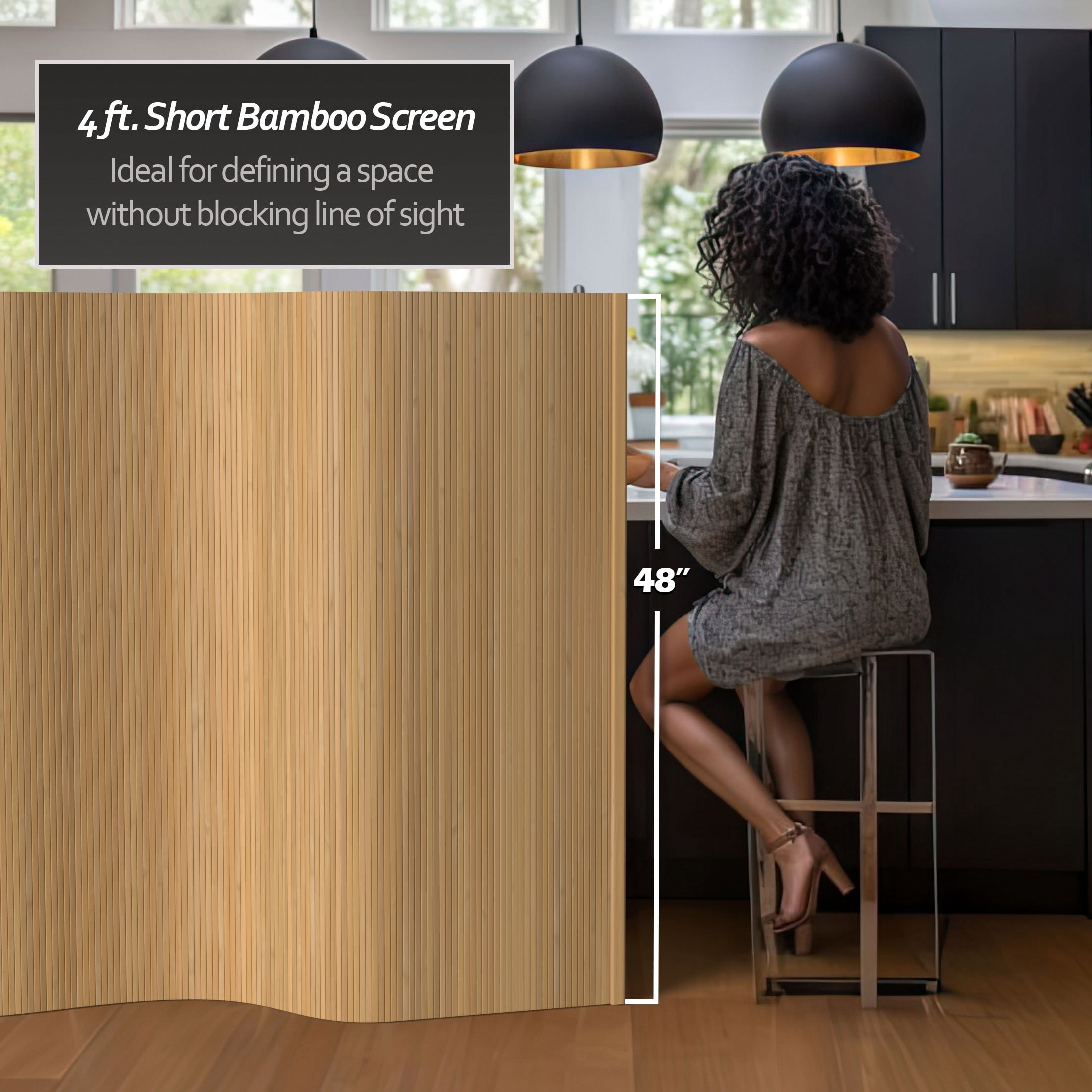 4 ft. Short Honey Bamboo Wave Room Divider Screen with Roll-up Design