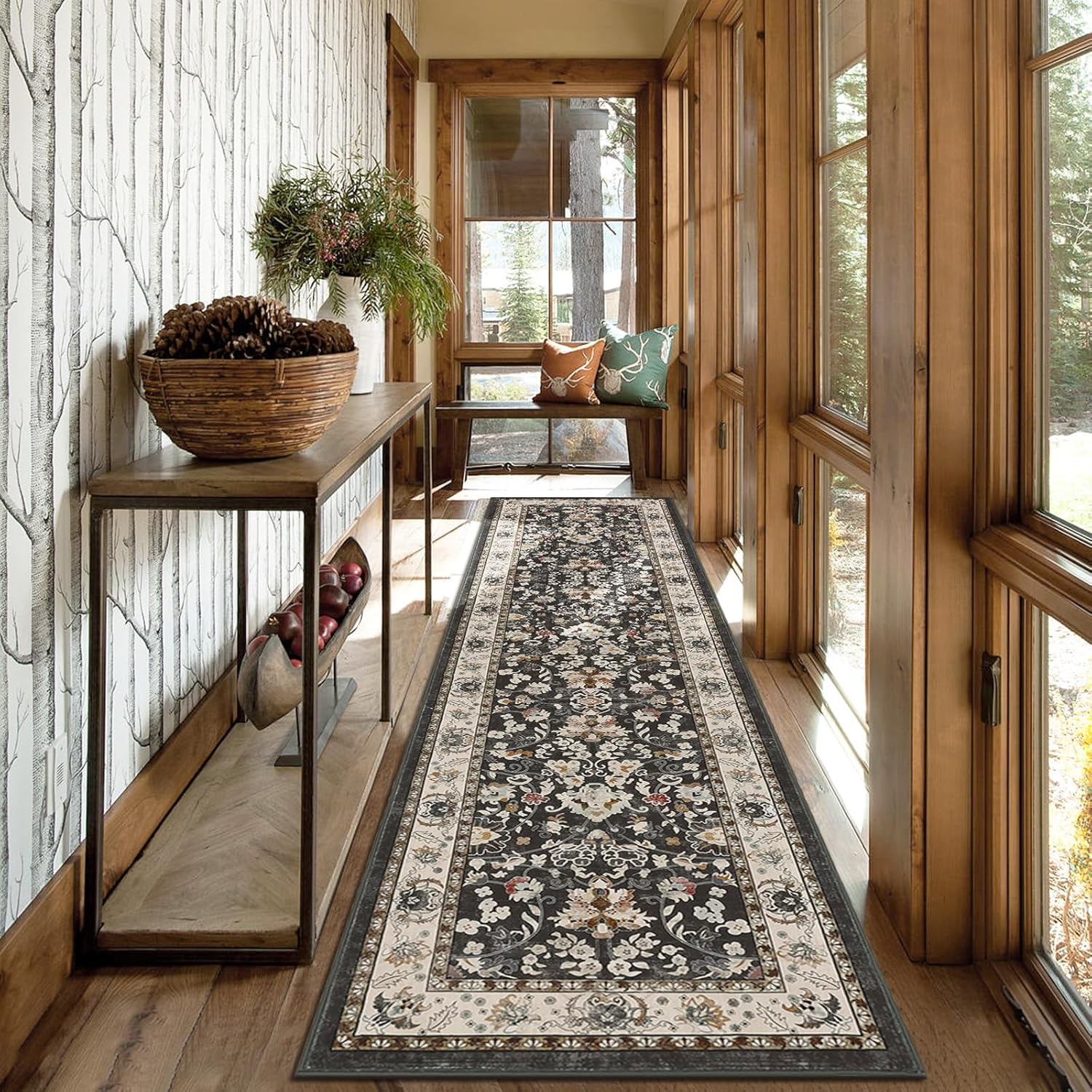 MJIAexp 2' x 8' Boho Floral Kitchen Runner Rug Machine Washable Runner Rug Non-Slip Hallway Runner Laundry Rug Throw Carpet for Living Room Bedroom Dining Room Entryway Kitchen Black