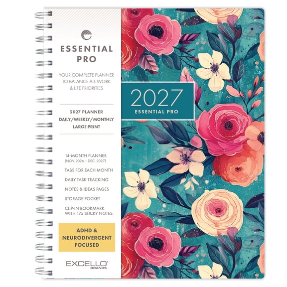 Excello Essential Pro 2027 Weekly & Monthly Planner, 8.5" x 11", 14-Month Calendar Nov 2026-Dec 2027, Monthly Tabs, Notes Pages, Storage Pocket, Bookmark & Sticky Notes, Teal Floral