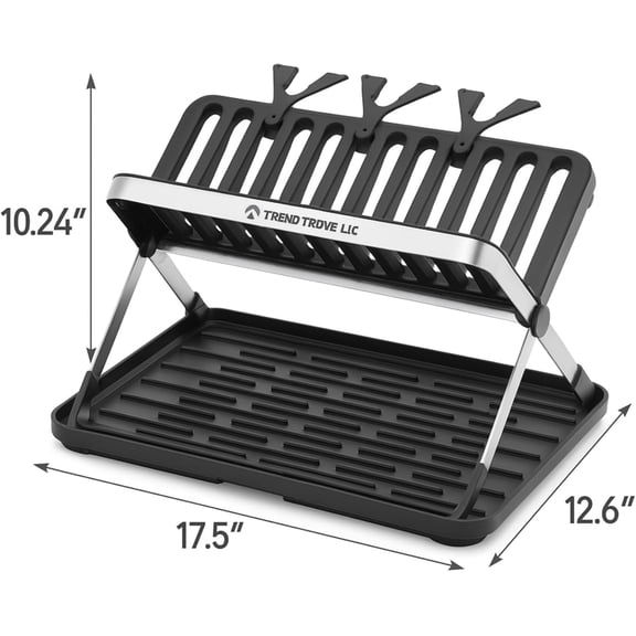 TrendTrove Foldable Dish Drying Rack – Stainless Steel Dish Rack for Kitchen Counter & Over Sink – Compact, Space-Saving Dish Drainer with Drip Tray, Utensil Holder & Plate Dividers (Black/Silver)