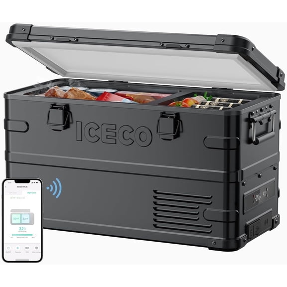 ICECO APL35 Dual Zone Portable Fridge Freezer, 37 Quart 12V Car Refrigerator with Secop Nano Compressor, Aluminum Cooler