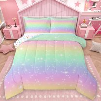 Feelyou Glitter Dreamy Stars Bedding Comforter Set for Kids, Artwork Rainbow Twin Comforter Sets, Cartoon Starry Sky Reversible Bedding Set, Lightweight Room Decor, 2 Pieces