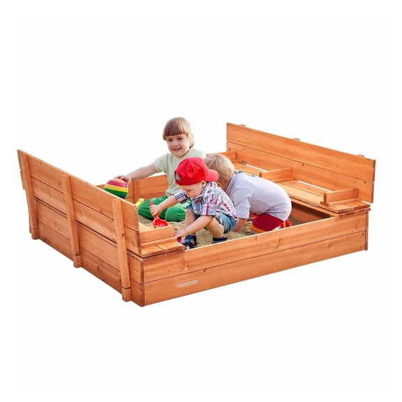 Wooden Sandbox for Kids, 52.4 x 47.2 x 16.9in Sand Box with Bench Seats & Liner