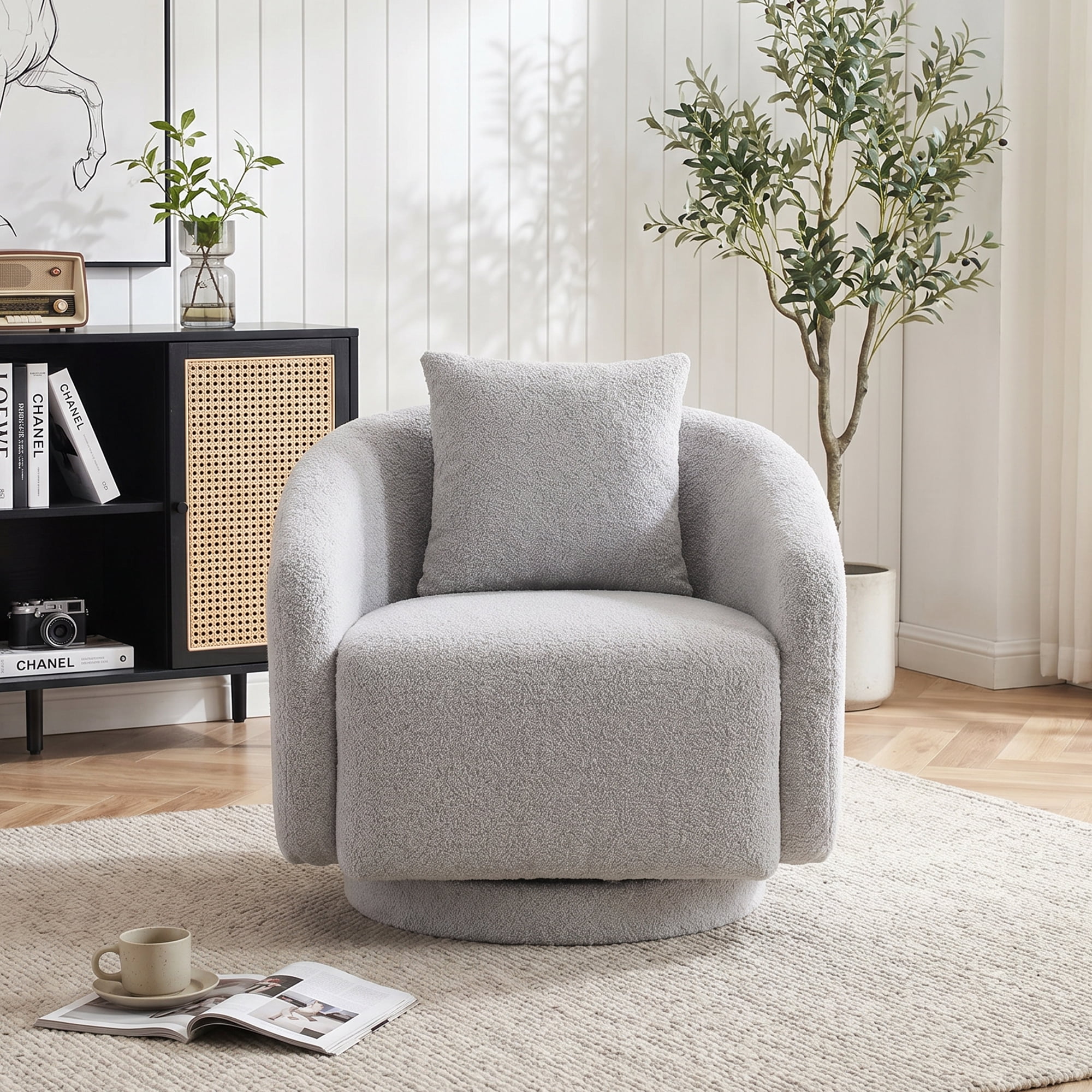 MAYEERTY 28.5" Gray Teddy 360° Swivel Barrel Accent Chair, 300LBS Solid Wood Frame Small Armchair with Pillow for Bedroom Kids Room