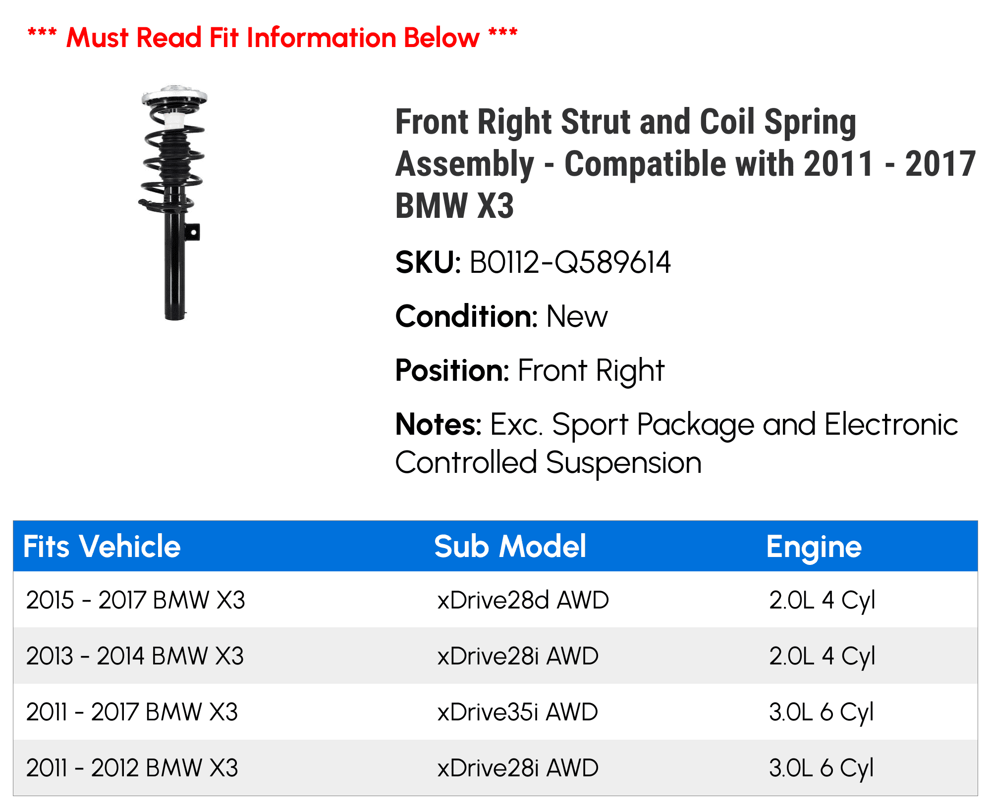 Front Right Strut and Coil Spring Assembly - Compatible with 2011 - 2017 BMW X3 2012 2013 2014 2015 2016