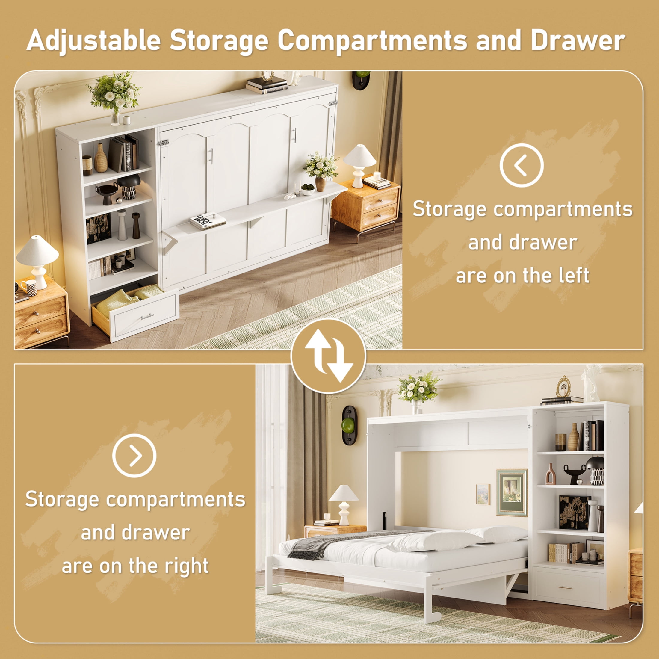 Noble House Queen Murphy Bed with Adjustable Storage Shelves and Drawer, Foldable Wall Bed Frame, White