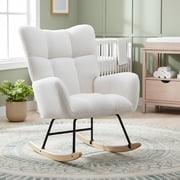 MORPAZX Teddy Fabric Glider Rocker, Wingback Rocking Chair with Side Pocket and Solid Wood Base, White
