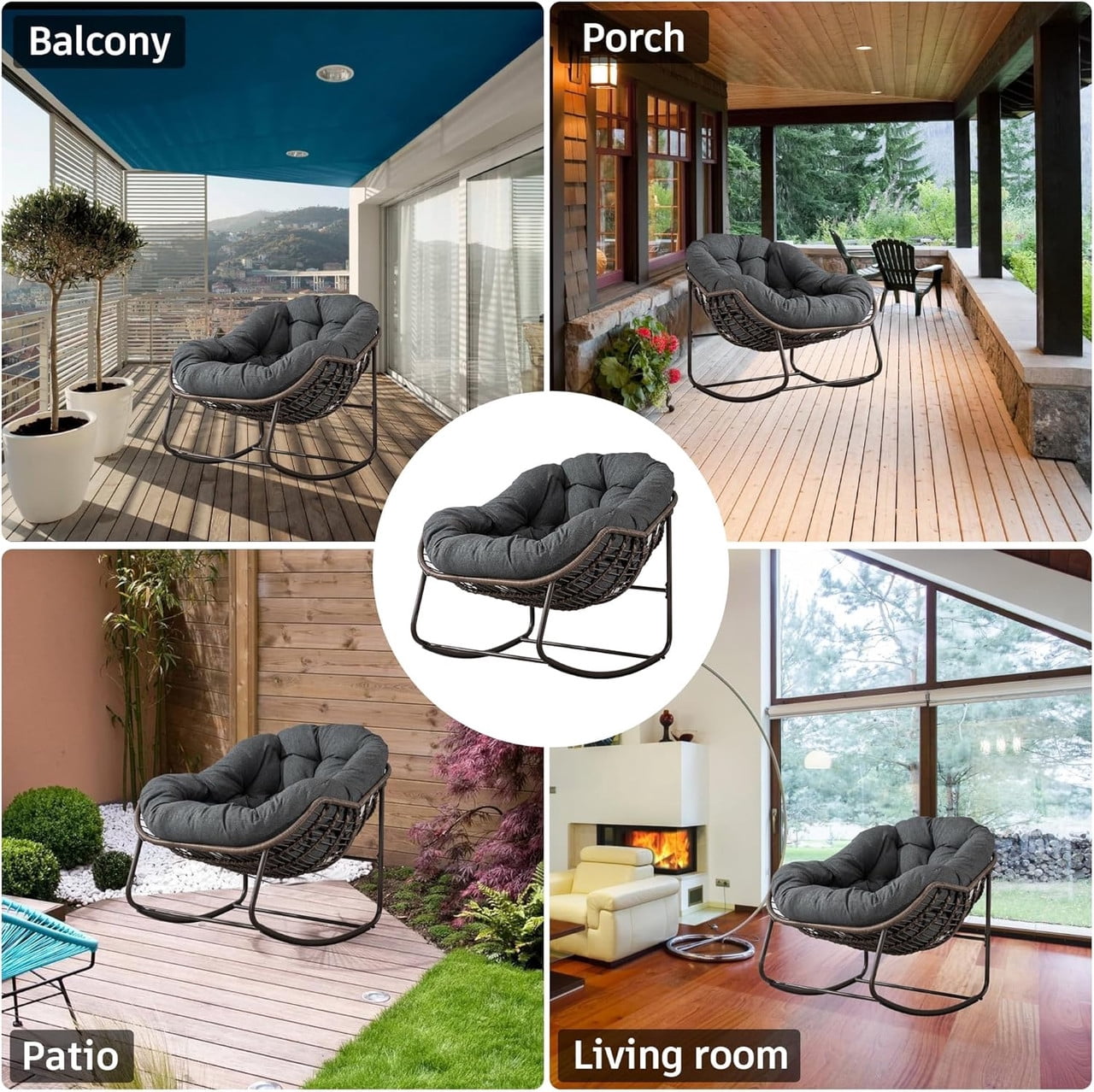 Outdoor Rattan Rocking Chair, Rocking Papasan Chair with Thick Cushion, Comfy Wicker Egg Chairs Lounge Recliner Chair, Padded Cushion Rocker