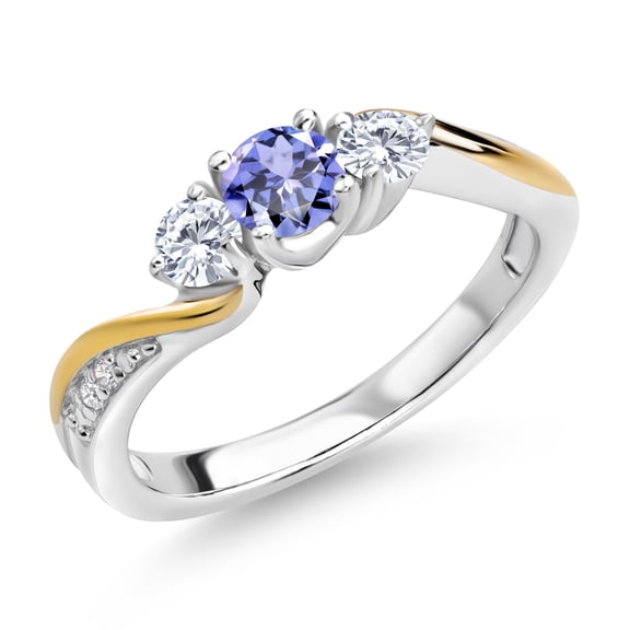 Gem Stone King 925 Sterling Silver and 10K Yellow Gold Blue Tanzanite and White Lab Grown Diamond 3 Stone Engagement Ring for Women (0.53 Cttw, Gemstone December Birthstone, Size 9)