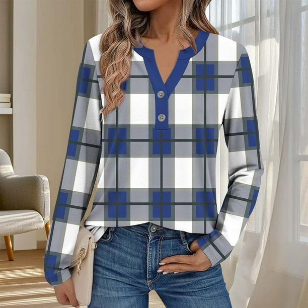 Ailaofu Womens Long Sleeve Tops Fall Button V Neck Graphic Shirts Dressy Casual Henley Tops Women Blouses