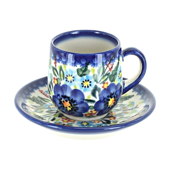 Blue Rose Polish Pottery Garden of Blue Espresso Cup & Saucer