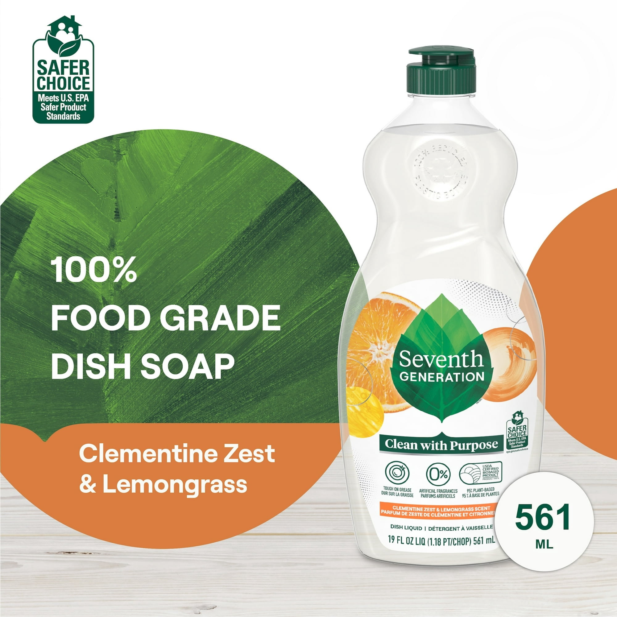 Seventh Generation Dish Soap Liquid, Clementine Zest & Lemongrass, 19 fl oz