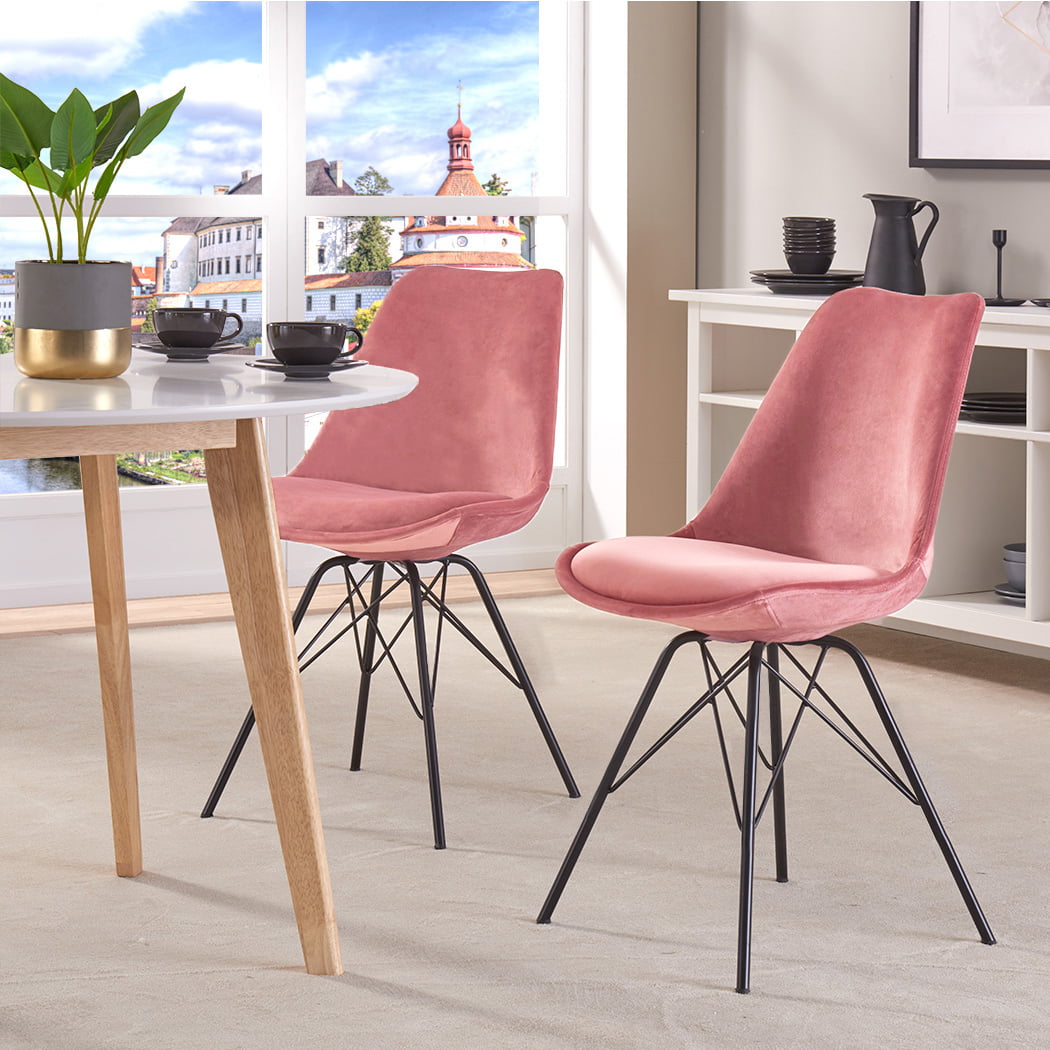 Wahson Set of 2 Dining Chairs Velvet Kitchen Corner Chairs Upholstered Side Chair with Gold Metal Legs Modern Leisure Armchair for Bedroom/Living Room/Restaurant Pink