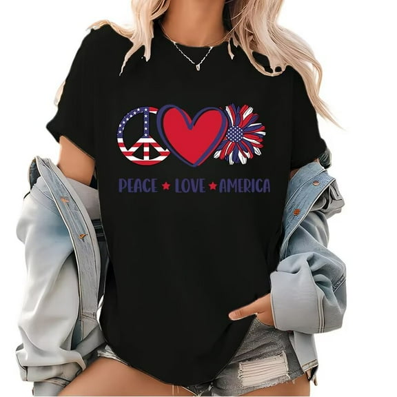 Womens American Flag Print T Shirts PEACE & LOVE & AMERICA Graphic Tees Short Sleeve Casual Patriotic Pattern Tops for Daily Outfits Black,S