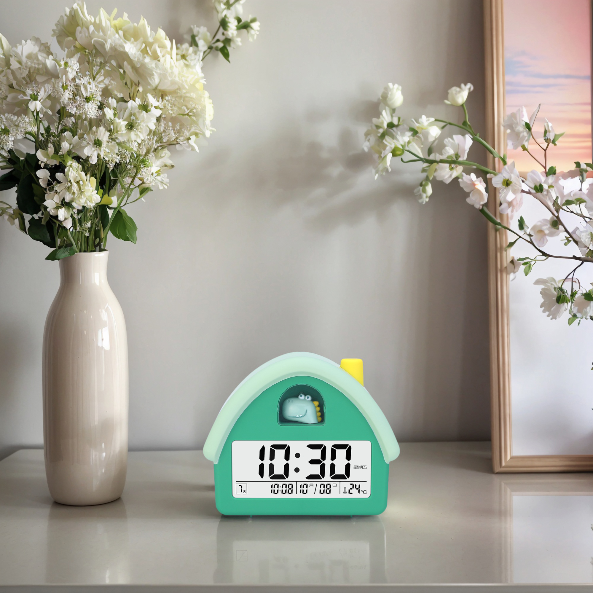 Unique Bargains House-Shaped Alarm Clock Green Dinosaur 4.3"L x 2.4"W x 5.0"H