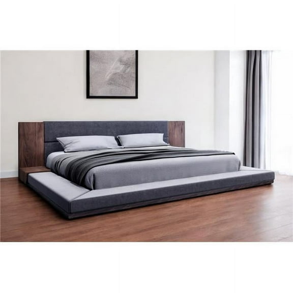 HomeRoots 486208 Brown & Gray Wood Upholstered King Size Bed Frame