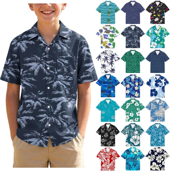 Rvasteizo Boys Short Sleeve T-Shirts Hawaiian Printed Lapel Basic Short Sleeve Shirt Top for Boys 3-15Years