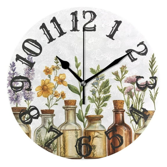 Drinks and Flowers Herbs Wall Clock 10 inch Non-Ticking Easy to Read Decorative Clocks for Home Bedroom Living Room