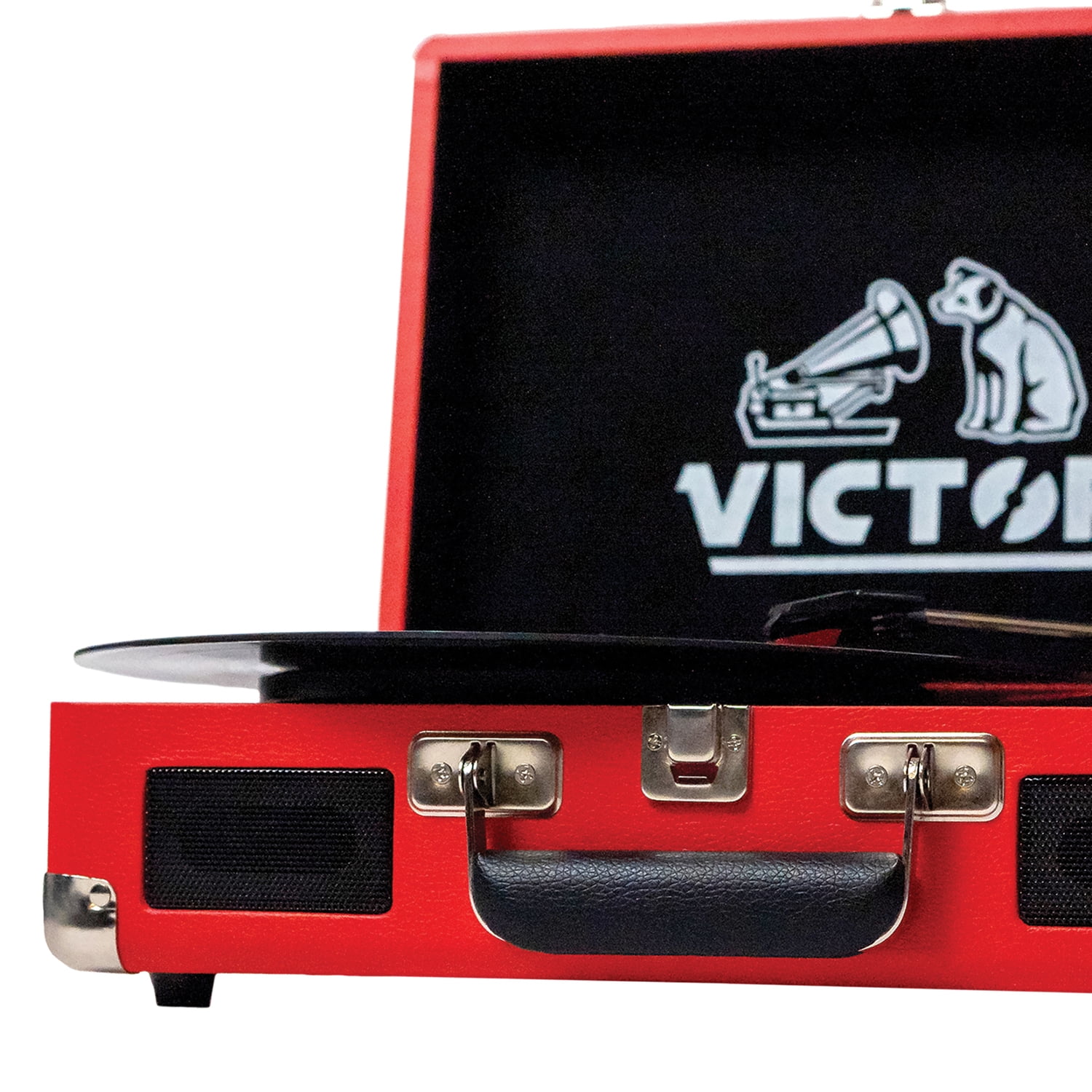 Victor 2-Watt Metro 3-Speed Belt-Drive Manual Suitcase Turntable with Built-in Speakers, Bluetooth In/Out, Aux In, and 45-RPM Adapter , Red