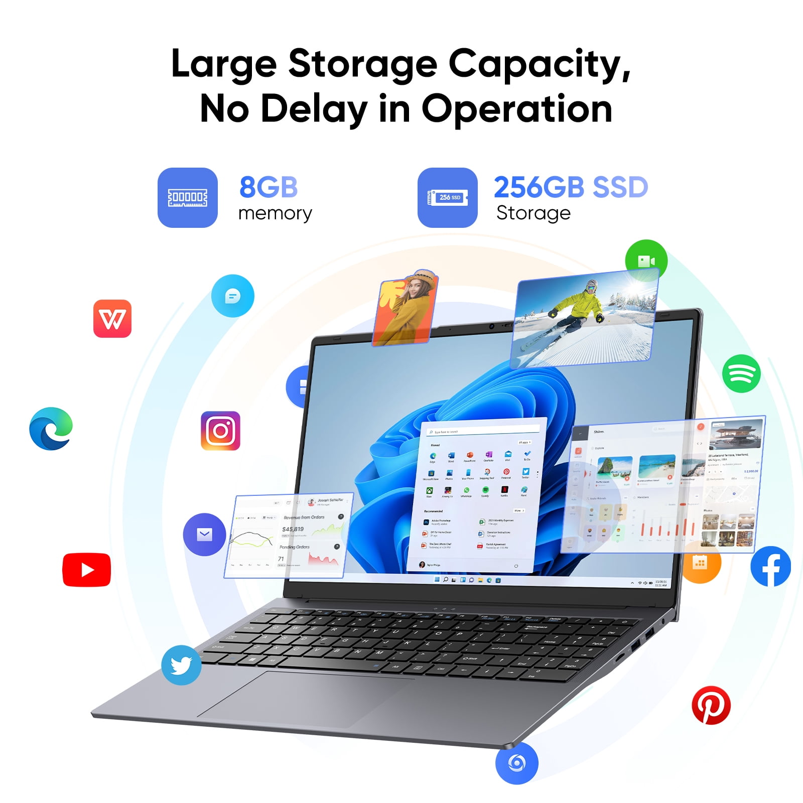 15.6" Laptop Windows 11 Pro,Intel Core M3(Up to 3.4GHz),MS Office,,8GB RAM 256GB SSD,Business NoteBook Computer,1920 x 1080 FHD 16:9 Display