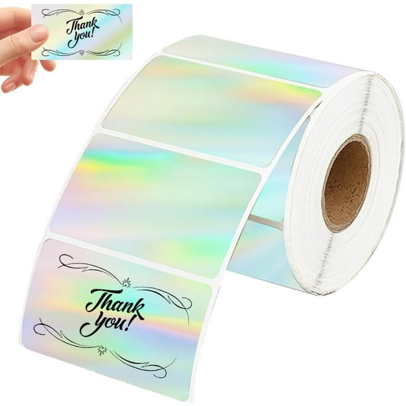 500Pcs 1.26" x 2.24" Holographic Sticker Labels Rectangle Thermal Stickers Silver Paper Waterproof Self Adhesive Reflective Printer Label Tape Sticker for Wrapping Price DIY Craft Logo