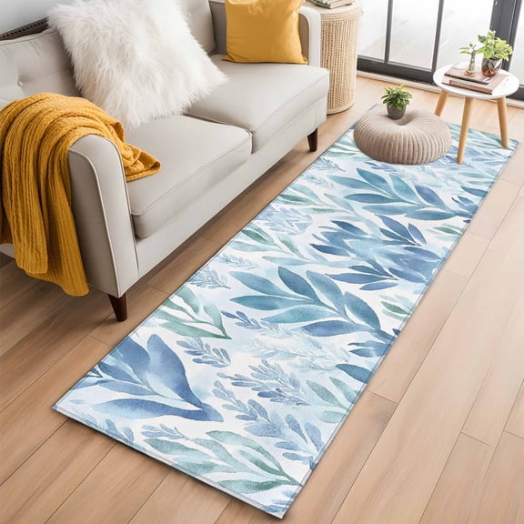 Blue Green Botanical Kitchen Runner Rug 2x6 Washable Runners for Hallway Non Slip Summer Watercolor Leaf Plant Large Area Rug Indoor Floor Carpet for Bathroom Laundry Entryway Bedroom Living Room