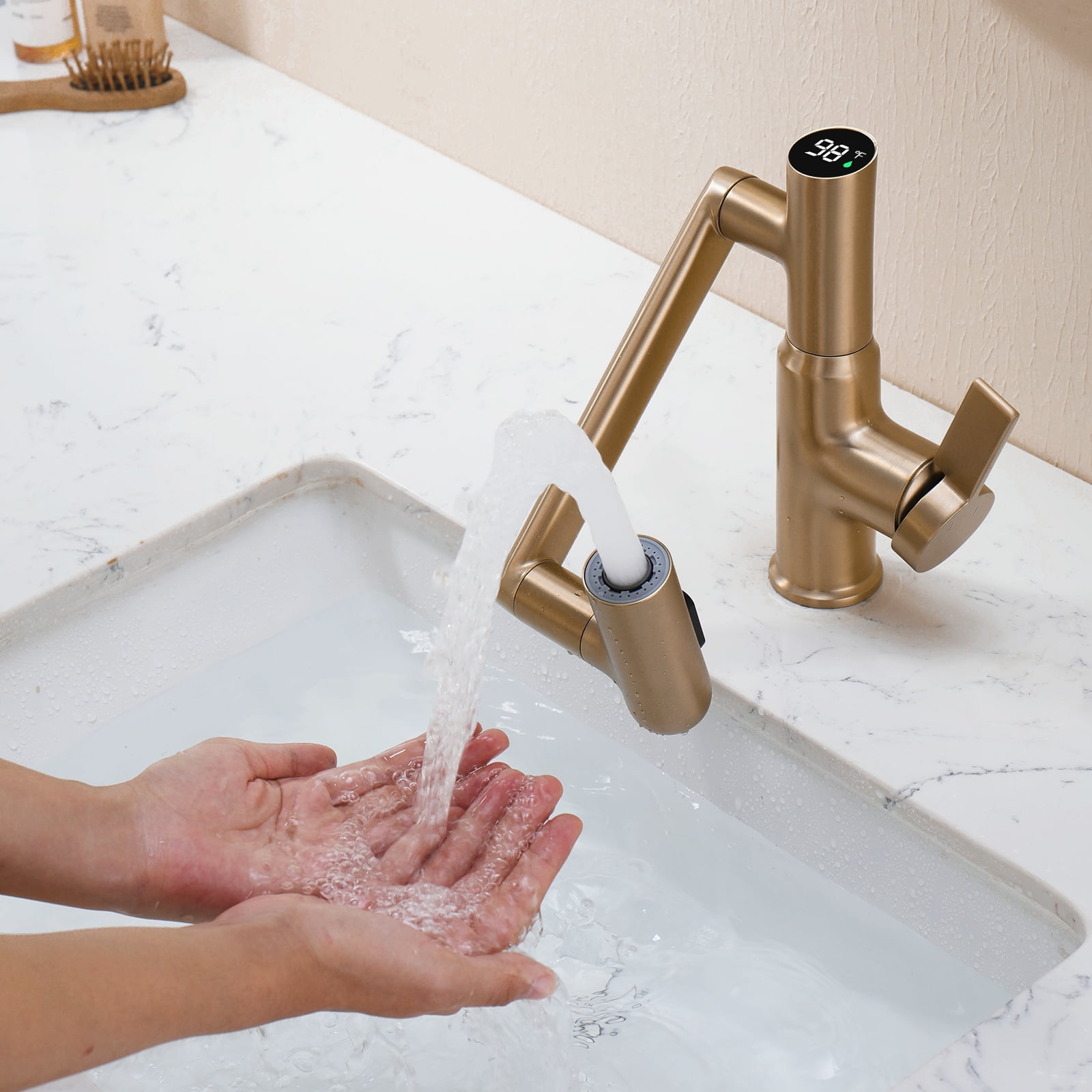 Lefton Rotatable Bathroom Faucet with Temperature Display in Fahrenheit (Batteries-Free), 3 Water Outlet Modes, Brushed Brass, BF2204-7