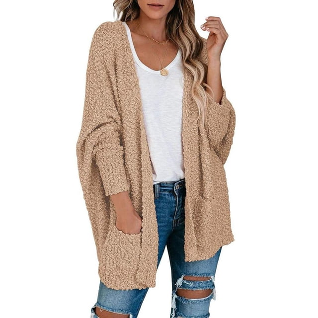 Pntutb Mujer Palomitas De Maíz De Manga Larga Bolsillos Delanteros Abiertos De Gran Tamaño Cardigan Suéter Abrigos Pntutb Pntutb-4531