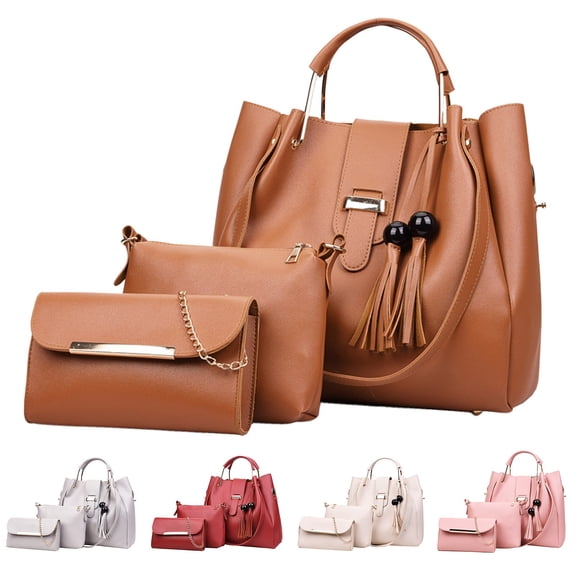 Stylago 3pcs Leather Handbag and Purses Set for Women Crossbody Bags with Chain Zipper Shoulder Wallet for Ladies Travel Gift Brown