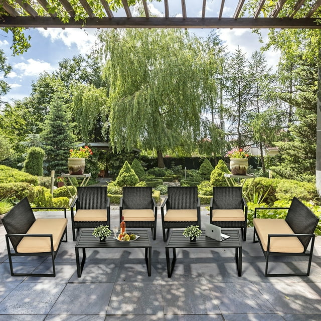 Costway Ensemble de Mobilier de Patio en Rotin 8 Pcs Canapé Coussiné Table Basse Jardin Terrasse Brun