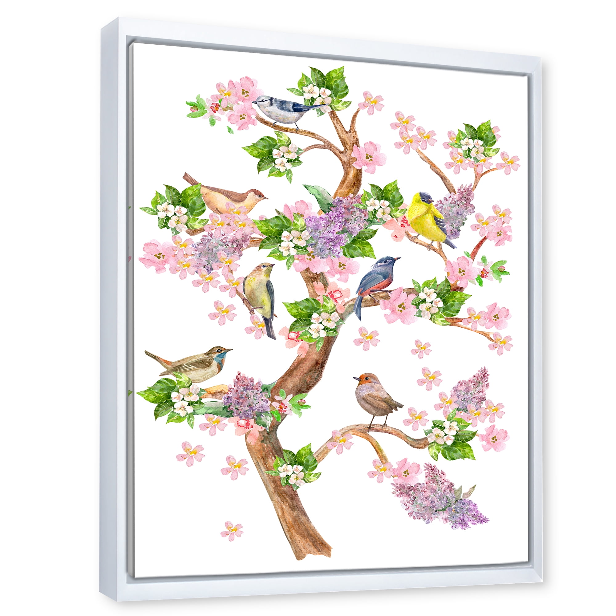 Designart 'Tree With Colorful Birds Sitting On Flowering Branches' Traditional Framed Canvas Wall Art Print