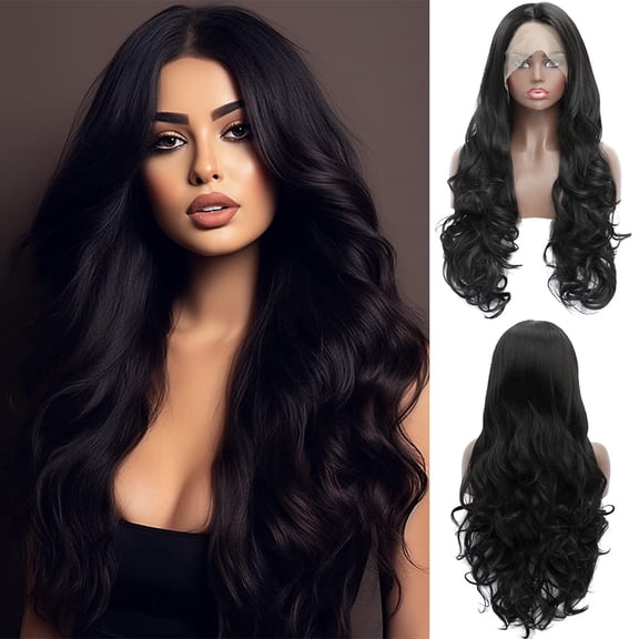 SUCS Long Black Synthetic Lace Front Heat Resistant Body Wave Lace Wig Free Part Natural Hair Wig for Women 24 Inch Fashion Glueless