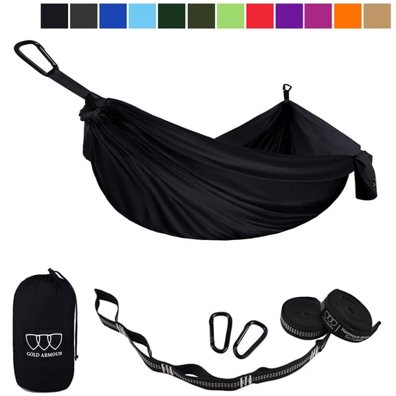 Gold Armour Camping Hammock - Single Parachute Hammock, USA Brand Lightweight Nylon Portable Adult Kids Best Accessories Gear (Black)
