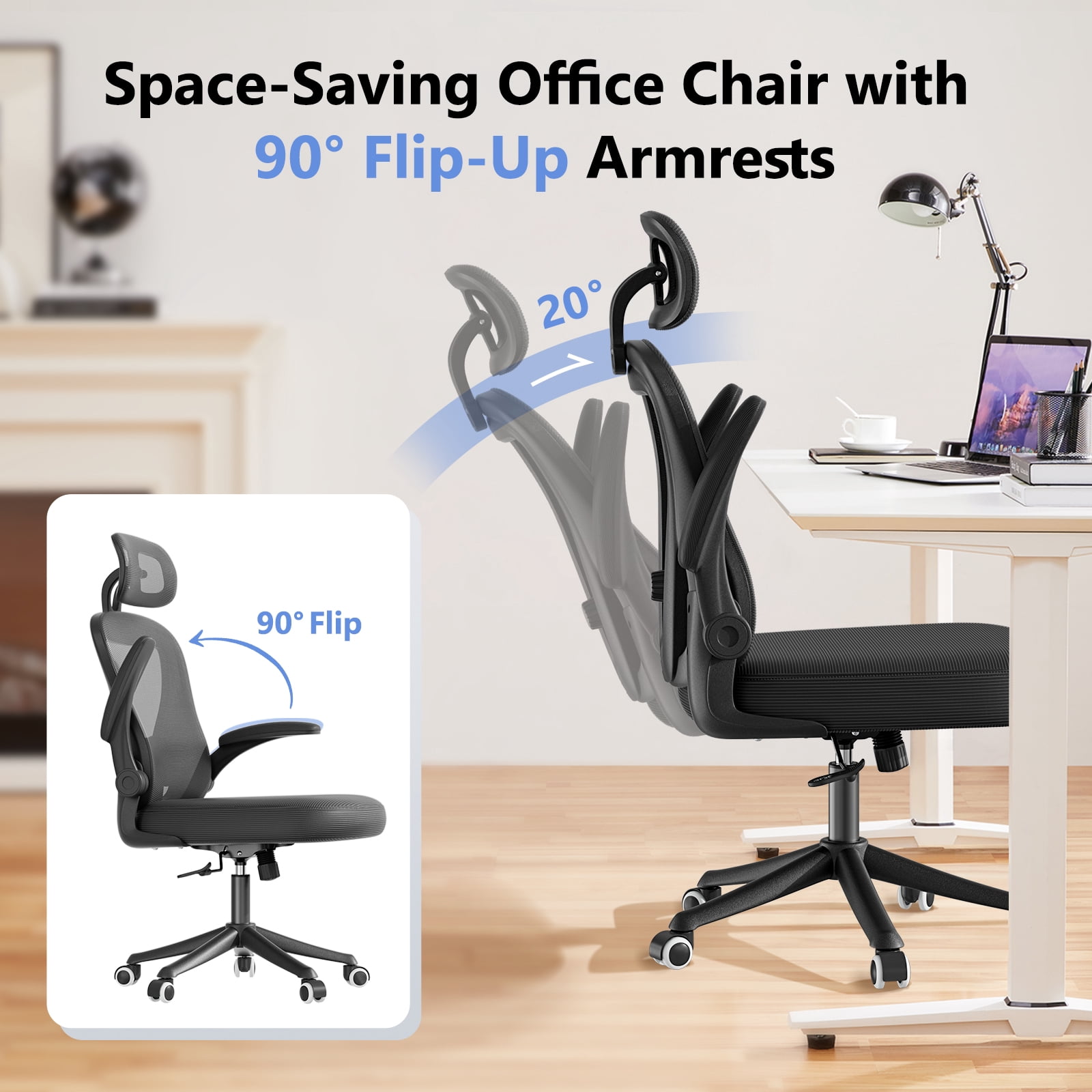 HomeZeer Desk Chairs with Wheels, Mesh Office Chair with Lumbar Support, Ergonomic High Back Office Chair with Adjustable Headrest, Task Chair Flip-up Arms, Executive Office Chair Home Office, Black