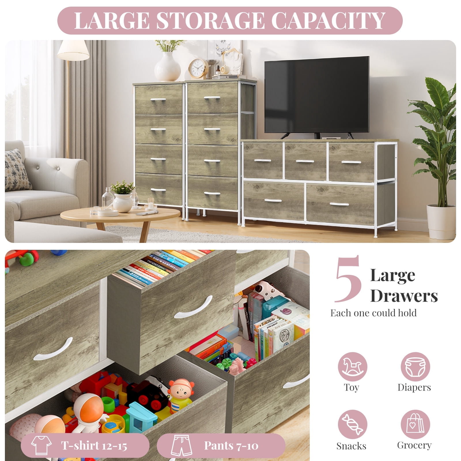 Dresser, Betcozy Storage Organizer with 5 Drawers for Bedroom, Chest of Drawers with Fabric Bins, Sturdy Metal Frame, Wood Tabletop, Smoked ash