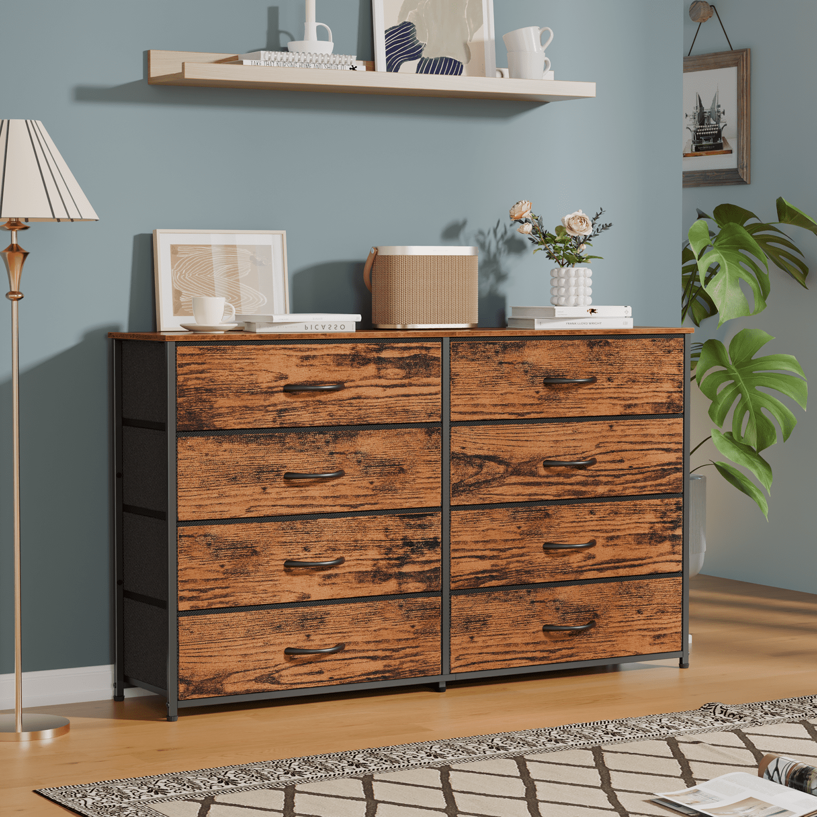 Tydimor 8 Fabric Drawers Dressers for Bedroom Wide Dresser TV Stand for 55" TVs, Chest of Drawers,Rustic Brown