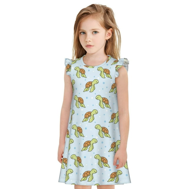 Vsdgher Tortue de Mer Dessin Animé pour Filles Chemises de Nuit Manches Courtes à Volants Robe de Nuit Pyjama pour Fête Pyjama-TG