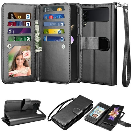 Samsung Galaxy Z Flip 4 Case, Galaxy Z Flip 4 Wallet Case Cover,PU Leather Cards Slots Holder [Kickstand] Flip Cover Magnetic Detachable Hard Case & Strap for Samsung Galaxy Z Flip 4 5G - Black
