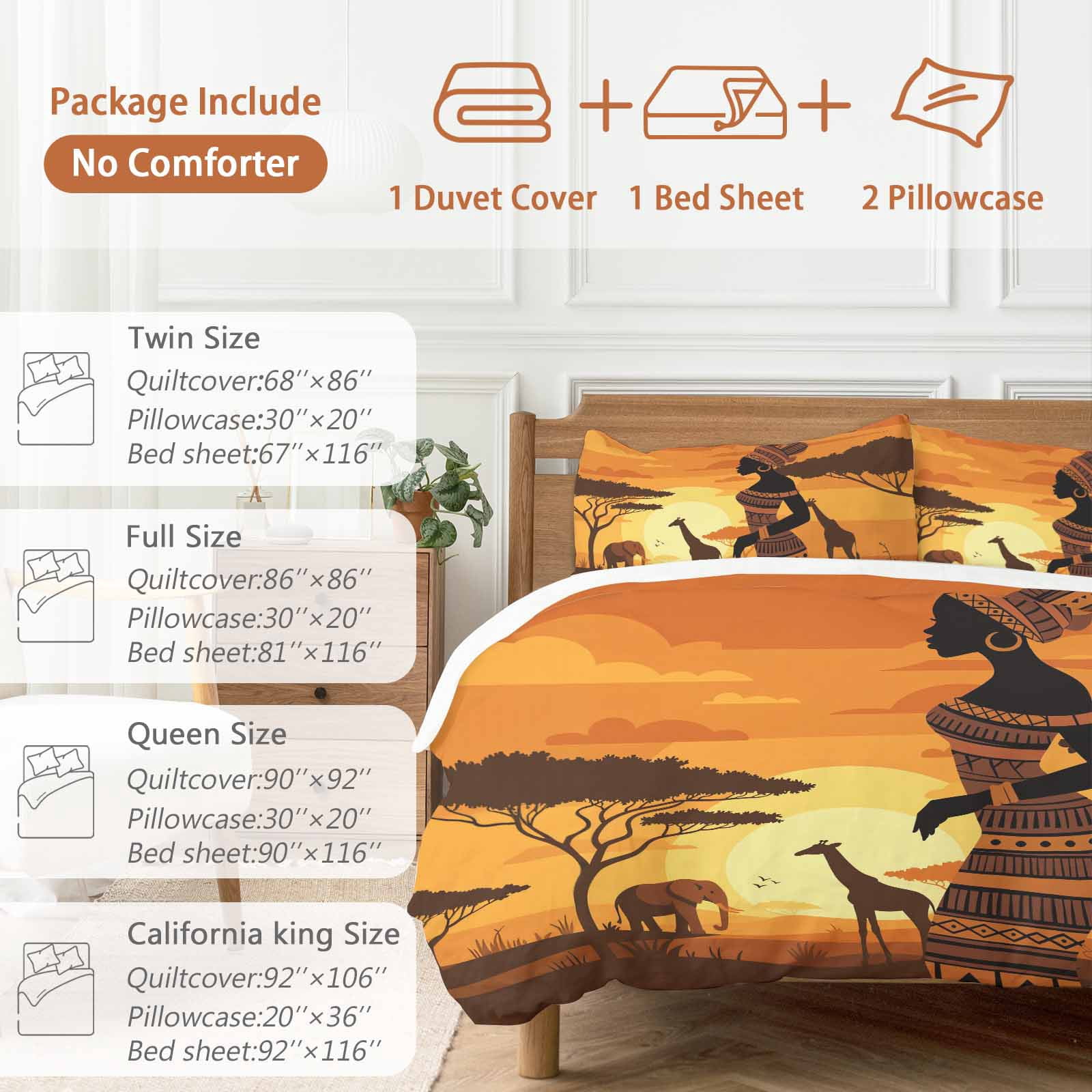 Black Women Bedding Duvet Cover Set Queen Size 4 Pieces Africa Nation Elephant Giraffe Desert Sunset Bedding Set with Zipper Closure, 1 Comforter Cover 90x92 Inches 1 Flat Sheet & 2 Pillow Cases