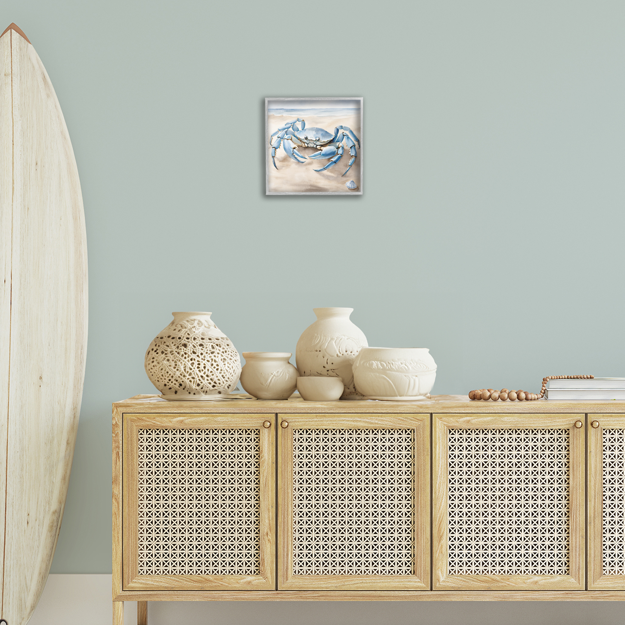 Stupell Industries Blue Crab on Beach Animals & Insects Painting Gray Framed Art Print Wall Art, 12 x 12