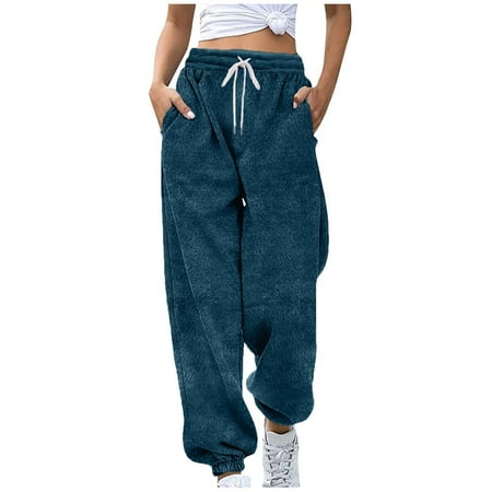 FNFYFH Womens Fleece Jogger Pants Drawstring Elastic Waisted Baggy Sweatpants Casual Fuzzy Warm Lounge Pants with Pockets