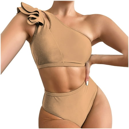 2 Piece Bikinis V-Neck for Women Women s Solid Color One-shoulder Ruffled Bikini Split Swimwear Fashionable Swimwear 2025 Khaki