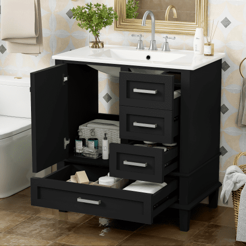 Black 30 inch Modern Bathroom Cabinet with Sink Combo Set with a Soft Closing Door and 3 Drawers, Solid Wood Frame