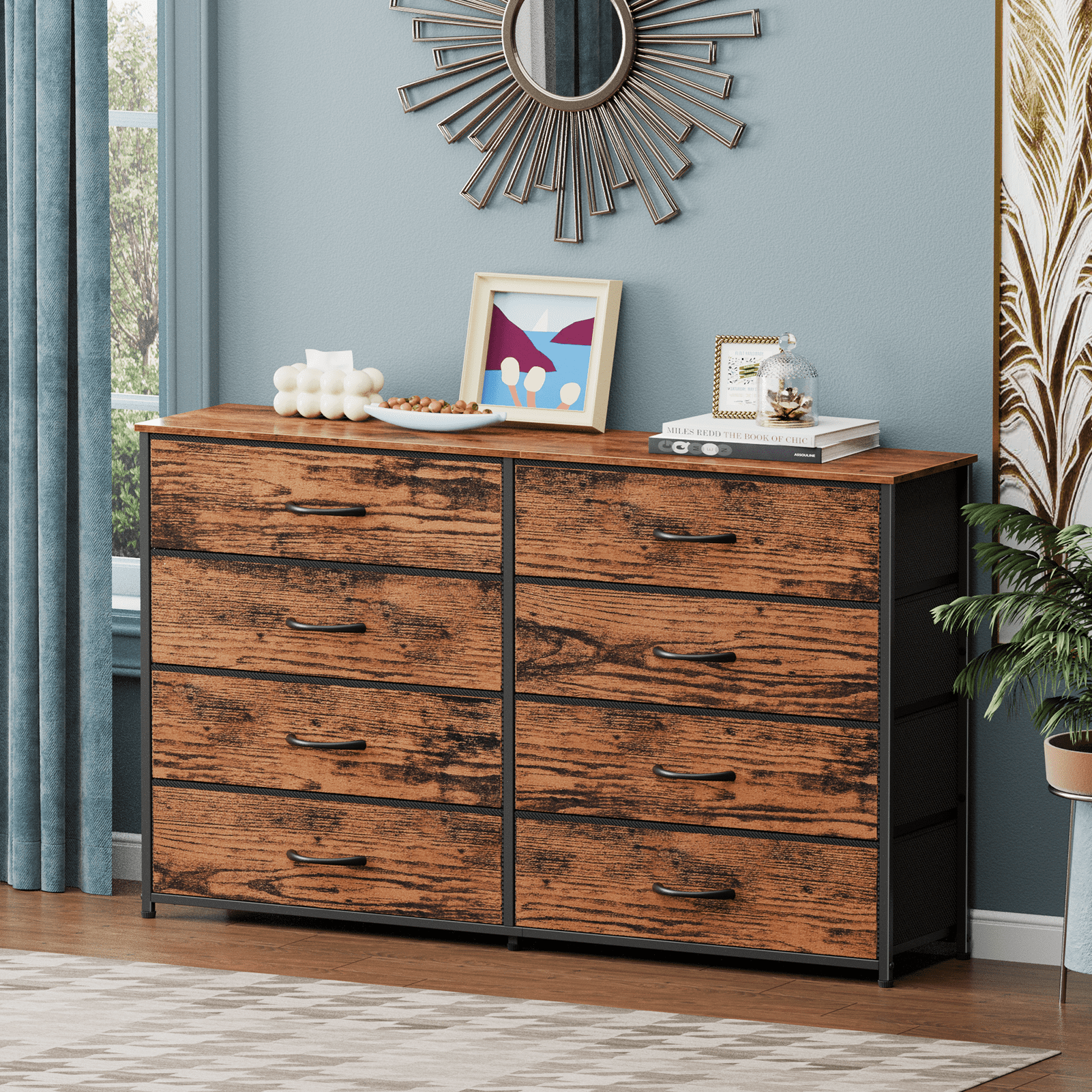 Tydimor 8 Fabric Drawers Dressers for Bedroom Wide Dresser TV Stand for 55" TVs, Chest of Drawers,Rustic Brown
