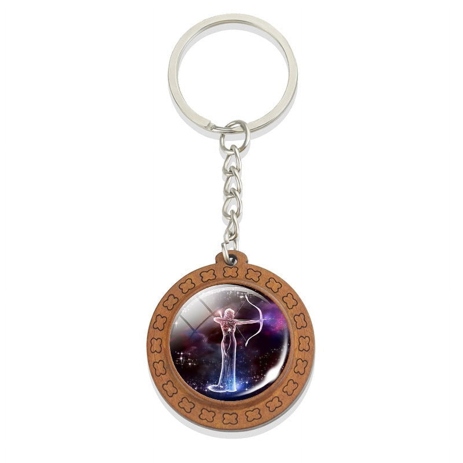 Wooden Carved Keychain Constellation Zodiac Sign Key Ring with Time Gem Pendant and Unique Glass Accents for Purse