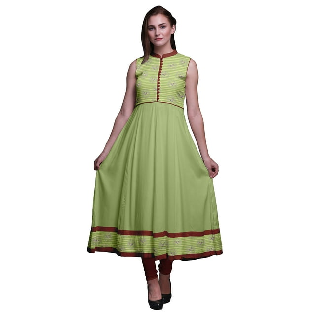 Bimba Robe Anarkali Aquarelle Vert Pâle pour Femmes Kurti Imprimé Ethnique Indien Longue Kurta Robe de Soirée Petite
