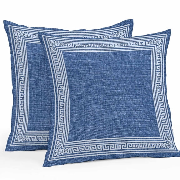 Navy Blue Geometric Throw Pillow Covers 16x16 Inch Set of 2, White Greek Key Design Burlap Modern Art Waterproof Outdoor Pillow Covers, Decorative Cushion Pillowcases for Couch, Sofa, Bed, Patio